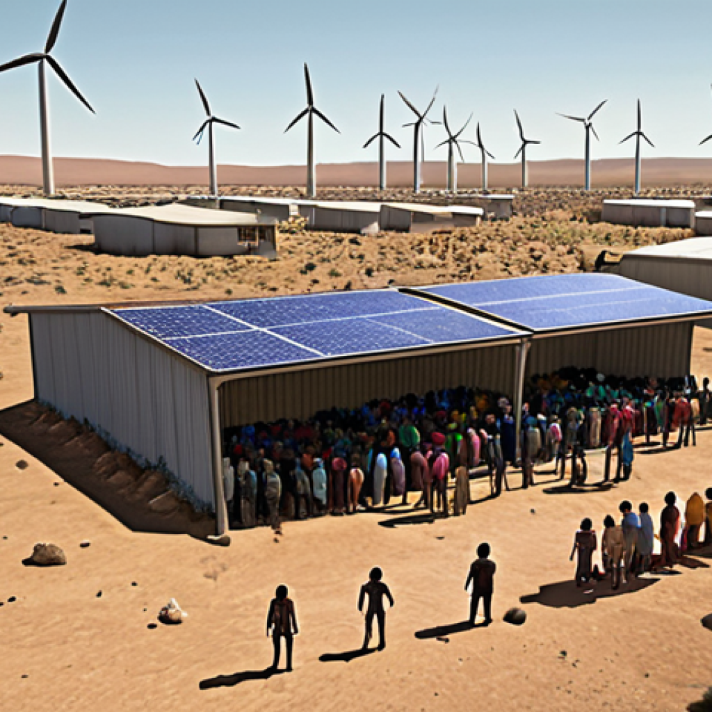 **

*   **Prompt:** A diverse group of climate refugees seeking shelter, with elements suggesting displacement due to environmental disasters (flooding, drought). The background should hint at both the devastation they've left behind and a hopeful, sustainable future powered by solar panels and wind turbines. Emphasis on human resilience and hope.

**