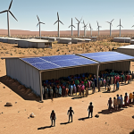 **

*   **Prompt:** A diverse group of climate refugees seeking shelter, with elements suggesting displacement due to environmental disasters (flooding, drought). The background should hint at both the devastation they've left behind and a hopeful, sustainable future powered by solar panels and wind turbines. Emphasis on human resilience and hope.

**