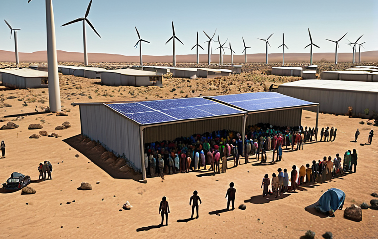 **

*   **Prompt:** A diverse group of climate refugees seeking shelter, with elements suggesting displacement due to environmental disasters (flooding, drought). The background should hint at both the devastation they've left behind and a hopeful, sustainable future powered by solar panels and wind turbines. Emphasis on human resilience and hope.

**