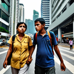 A climate refugee family arriving in a bustling Kuala Lumpur city center, looking hopeful yet overwhelmed amidst modern buildings and busy streets, reflecting both opportunity and the challenges of relocation. Focus on human emotion and urban contrast.