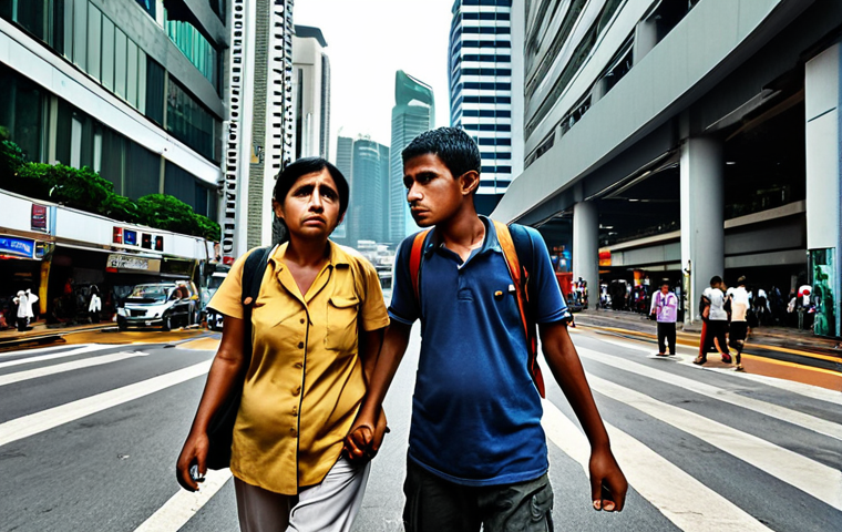 A climate refugee family arriving in a bustling Kuala Lumpur city center, looking hopeful yet overwhelmed amidst modern buildings and busy streets, reflecting both opportunity and the challenges of relocation. Focus on human emotion and urban contrast.